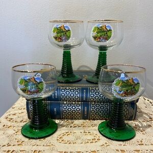 Set of 4-Vintage Etched Emerald Green Luminarc Beehive Rhein Roemer Wine Glasses